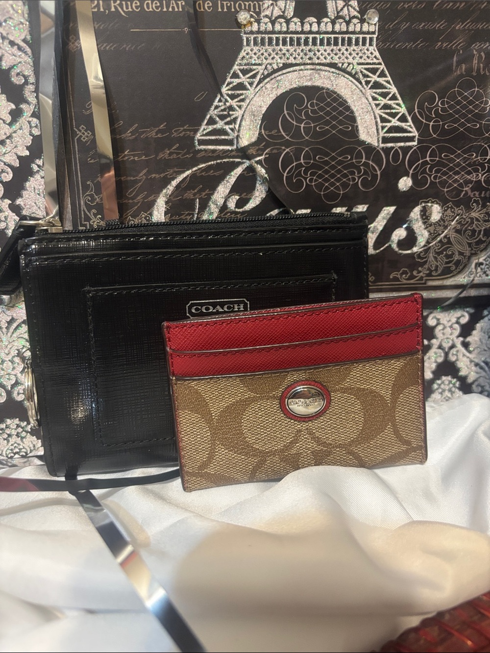 Coach Black Crossgrain Saffiano Leather Key Ring Card Case Wallet with COA